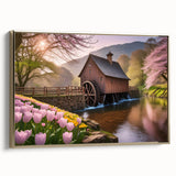 Framed canvas wall art featuring a serene landscape of watermills, accented with gold trim. The artwork showcases vibrant colors and intricate details, ideal for enhancing home decor.