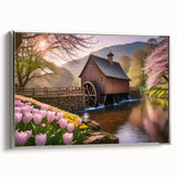 Framed canvas wall art showcasing a serene watermill landscape in silver tones, ideal for home decor, adding elegance and tranquility to any space.