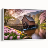 Framed wall art collection showcasing a serene landscape with watermills, featuring soft pastel colors and a white frame, perfect for home decor enhancement.