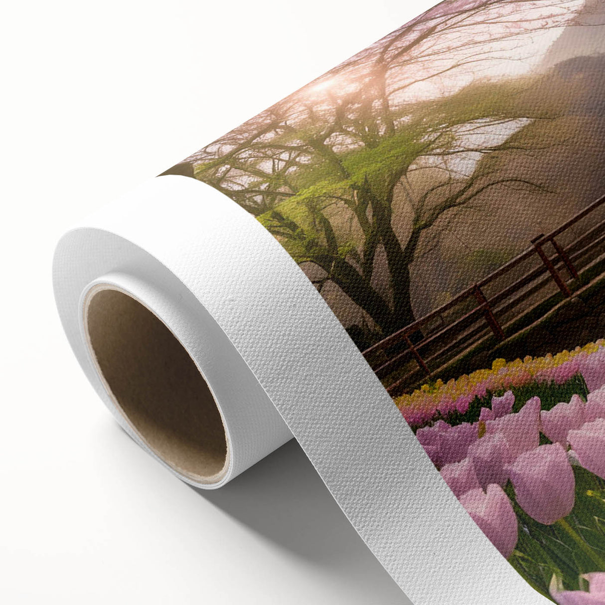 Rolled canvas wall art showcasing a serene watermill landscape design, featuring soft earthy tones and intricate detailing, ideal for home decor.