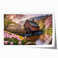 Rolled print of a serene landscape featuring a tranquil watermill scene, showcasing vibrant greenery and soft blue skies, ideal for home decor or art collection.