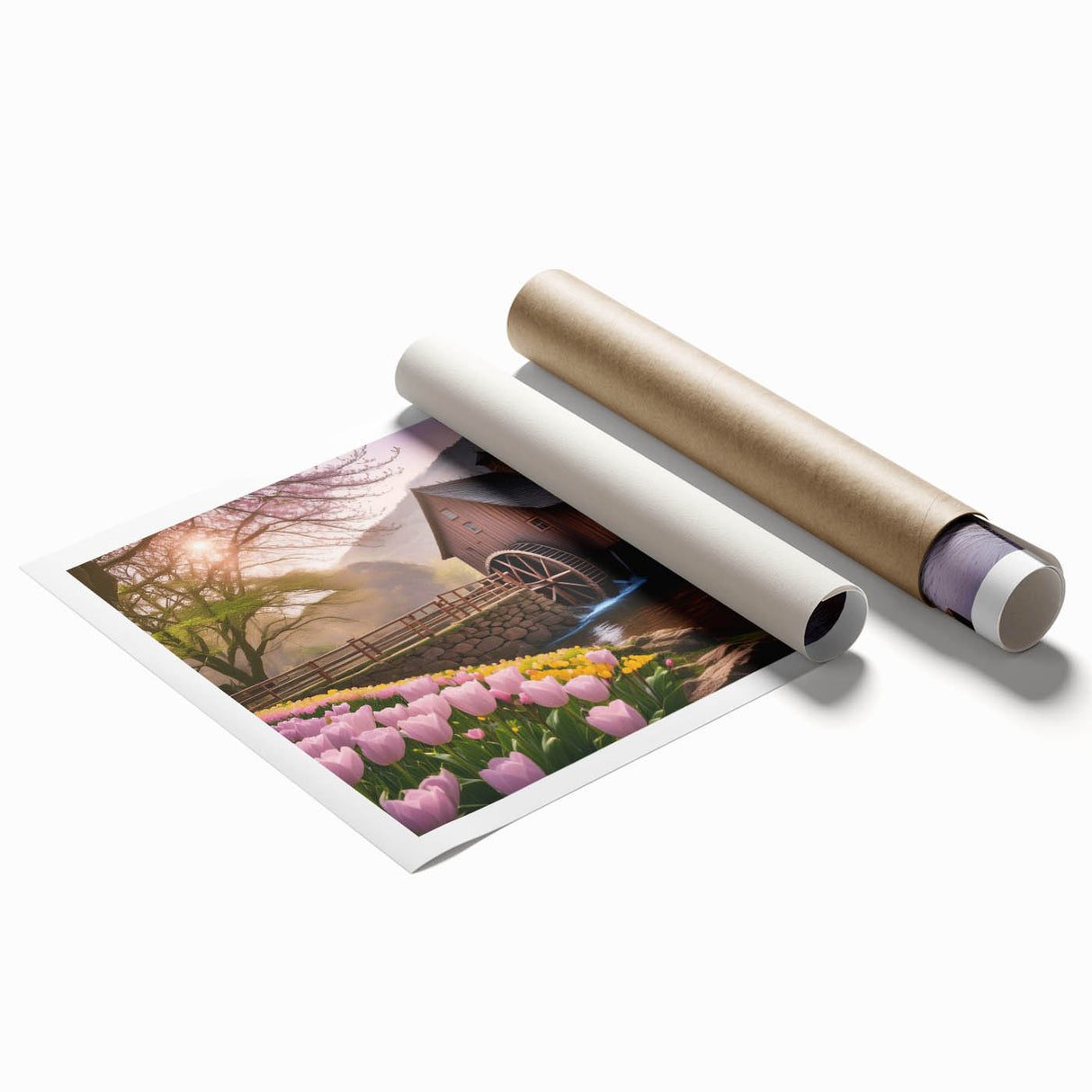 Serene landscape wall art print showcasing a tranquil watermill scene, featuring lush greenery and soft blue skies, rolled for easy display and shipping.