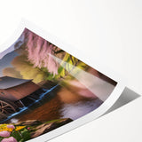 Rolled print showcasing a serene landscape of watermills surrounded by lush greenery and a clear blue sky, ideal for home decor and art enthusiasts.