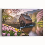 Stretched canvas wall art showcasing a serene landscape of watermills, featuring vibrant colors and intricate details, perfect for home decor enhancement.