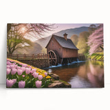 Stretched canvas wall art showcasing a serene watermill landscape design, featuring lush greenery and a tranquil river setting, perfect for enhancing home decor.