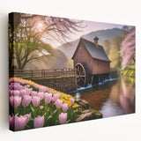 Stretched canvas wall art showcasing a serene landscape with a watermill, featuring vibrant colors and intricate details, perfect for home decor.