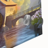 Close-up of a stunning acrylic wall art piece depicting a vibrant landscape of watermills, showcasing intricate details and rich colors, perfect for home decor.