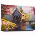 Acrylic glass wall art featuring a serene landscape of watermills, showcasing vibrant colors and intricate details, displayed with pins on a modern wall.