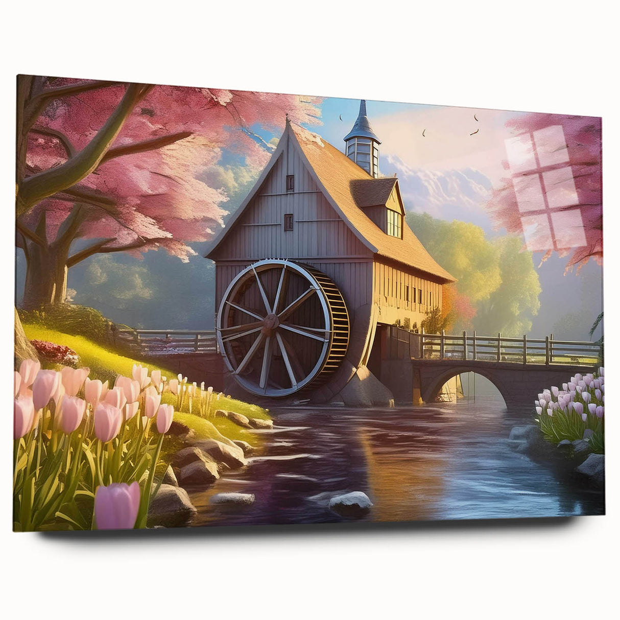 Acrylic glass wall art design showcasing a serene watermill landscape, viewed from the side, highlighting its vivid colors and intricate details, perfect for home decor.