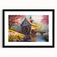 Framed wall art featuring a serene watermill landscape design, displayed in a sleek black frame with a mat, perfect for enhancing home decor and creating a calming atmosphere.