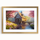 Framed wall art collection showcasing a serene landscape design featuring watermills, presented with a gold frame and mat, perfect for elegant home decor.