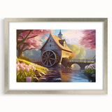 Framed wall art collection showcasing a serene landscape of a watermill, featuring a silver mat and frame, perfect for enhancing home decor aesthetics.