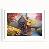 Framed wall art showcasing a serene watermill landscape design, featuring a white mat and contemporary styling, ideal for enhancing home decor.