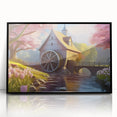 Framed acrylic wall art depicting a serene watermill landscape, featuring vibrant colors and intricate details, perfect for enhancing home decor with a touch of nature.