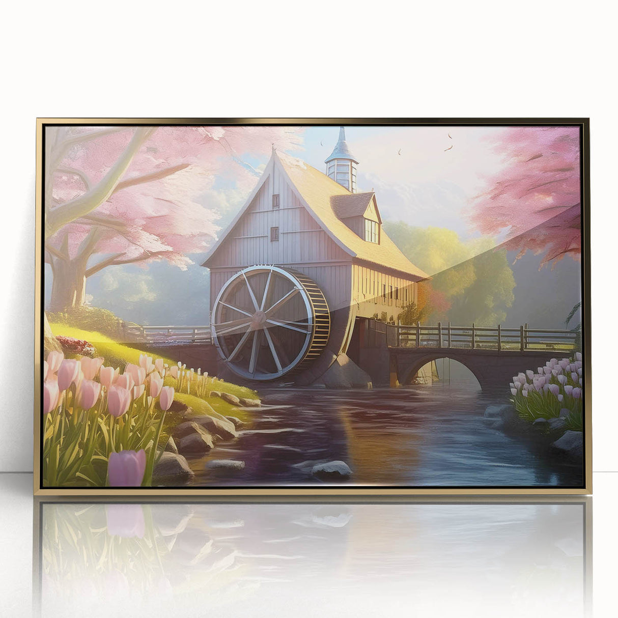 Framed wall art featuring a serene landscape of a watermill, designed in a gold-accented frame, showcasing vibrant colors and fine details, perfect for home decor.
