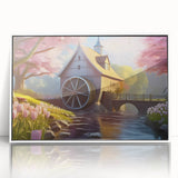 Framed acrylic wall art featuring a serene landscape of a watermill, set against a white background, perfect for enhancing home decor with nature-inspired elegance.