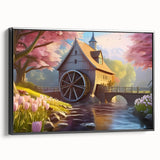 Framed canvas wall art depicting a serene watermill landscape, featuring rich greens and blues, with a black frame and side view showcasing its elegant design.