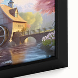 Close-up of a framed canvas artwork showcasing a serene landscape with watermills, featuring vibrant greens and blues, ideal for home decor enthusiasts.