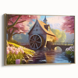 Framed canvas wall art depicting serene watermill landscapes, featuring a golden frame that enhances the tranquil scene, perfect for home decor.