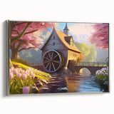 Framed canvas wall art showcasing a serene landscape with watermills, featuring a silver frame that enhances the tranquil design, ideal for home decor.