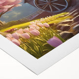 Rolled canvas artwork showcasing a serene watermill landscape with vibrant greens and blues, perfect for home decor. Comes in a protective cardboard tube.