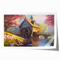 Vibrant rolled wall art print showcasing a serene landscape with a picturesque watermill, perfect for home decor and enhancing interior aesthetics.