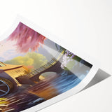 Rolled print of a serene landscape featuring a picturesque watermill surrounded by lush greenery, ideal for home decor. The artwork captures tranquil nature vibes.