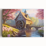Stretched canvas wall art featuring a serene landscape with watermills and lush greenery, ideal for enhancing home decor and creating a tranquil atmosphere.