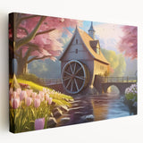 Stretched canvas wall art showcasing a serene landscape of a watermill, featuring soft colors and intricate details, ideal for home decor enhancement.