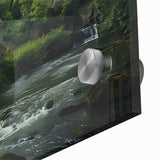 Close-up of a vibrant acrylic wall art piece showcasing a serene landscape with watermills, featuring rich colors and intricate details, perfect for home decor.