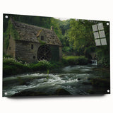 Acrylic glass wall art piece showcasing a serene landscape of watermills, featuring vibrant colors and intricate details, ideal for modern home decor. The artwork is displayed from a side view, highlighting its sleek design and mounting pins. Perfect for enhancing any living space or office.