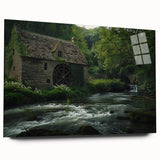 Acrylic glass wall art collection featuring serene landscapes of watermills, showcasing vibrant colors and intricate details, perfect for enhancing home decor.