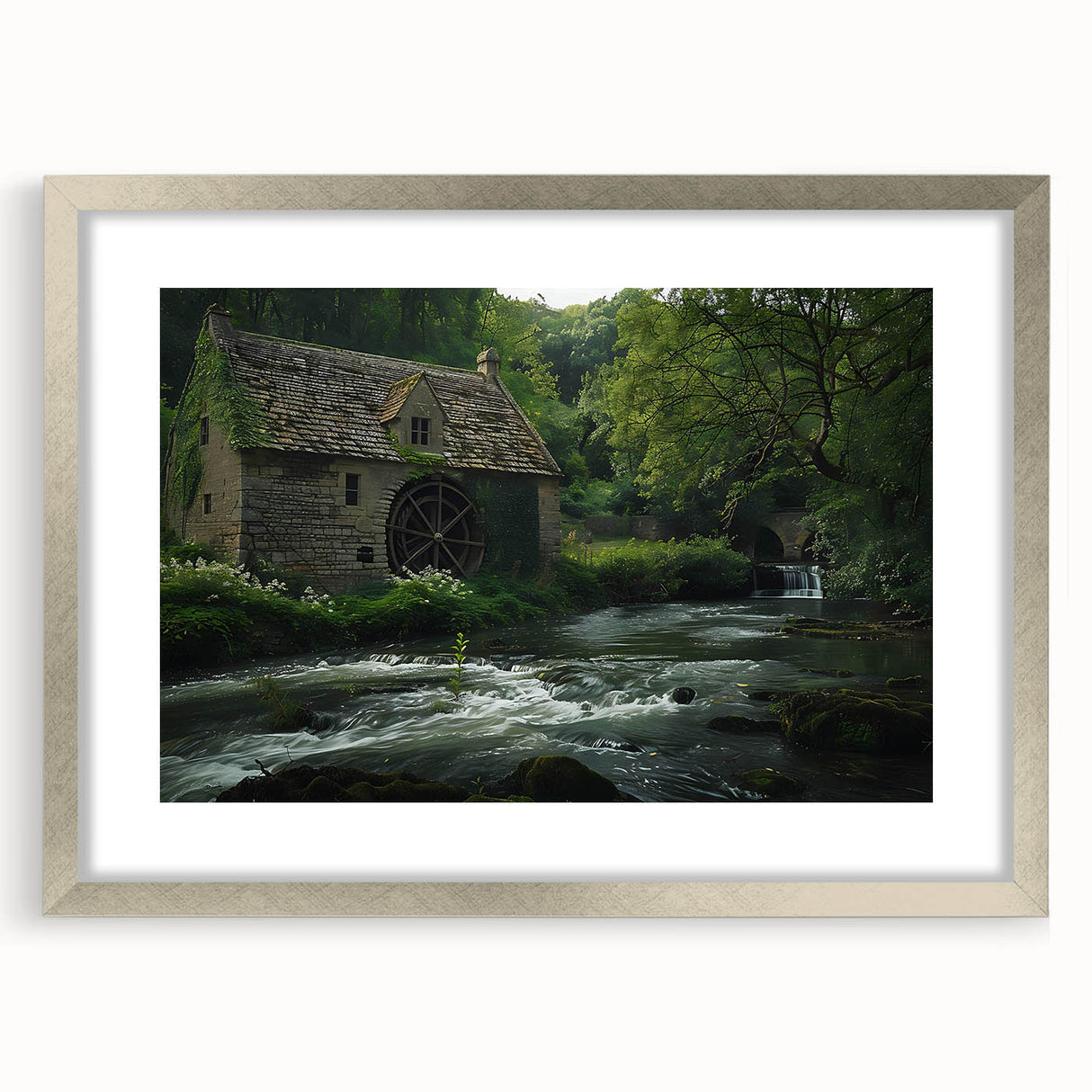 Framed wall art collection showcasing a serene watermill landscape design, featuring silver matting and a classic frame, perfect for enhancing home decor aesthetics.