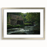 Framed wall art collection showcasing a serene watermill landscape design, featuring silver matting and a classic frame, perfect for enhancing home decor aesthetics.