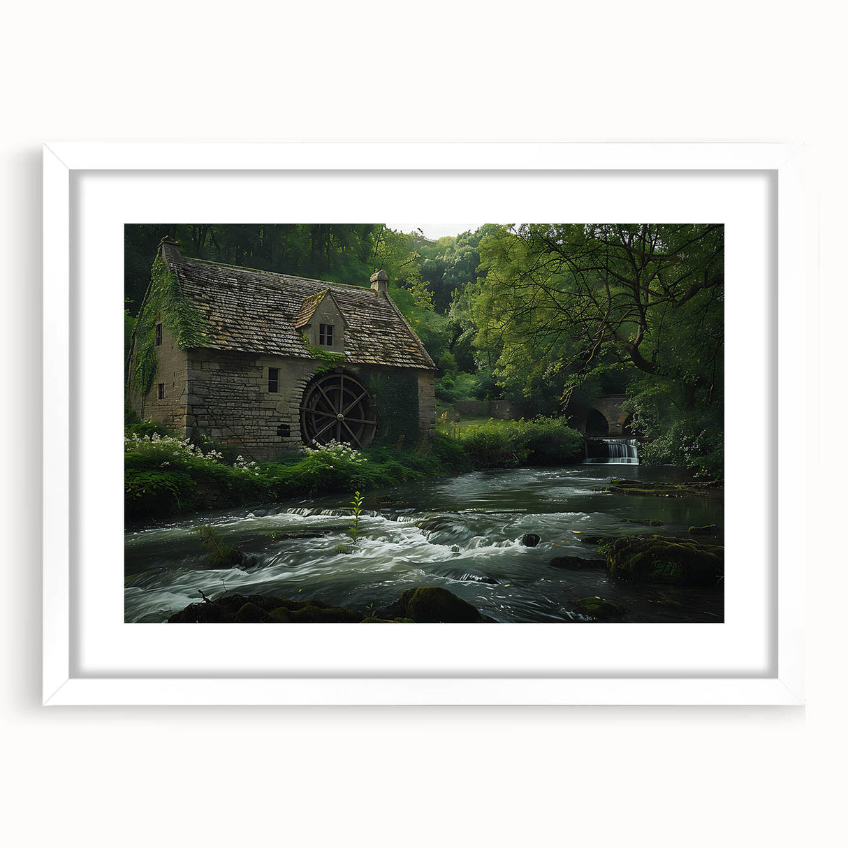Framed wall art collection showcasing serene watermill landscapes, featuring a white mat and sleek frame, ideal for home decor or office ambiance.