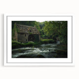 Framed wall art collection showcasing serene watermill landscapes, featuring a white mat and sleek frame, ideal for home decor or office ambiance.
