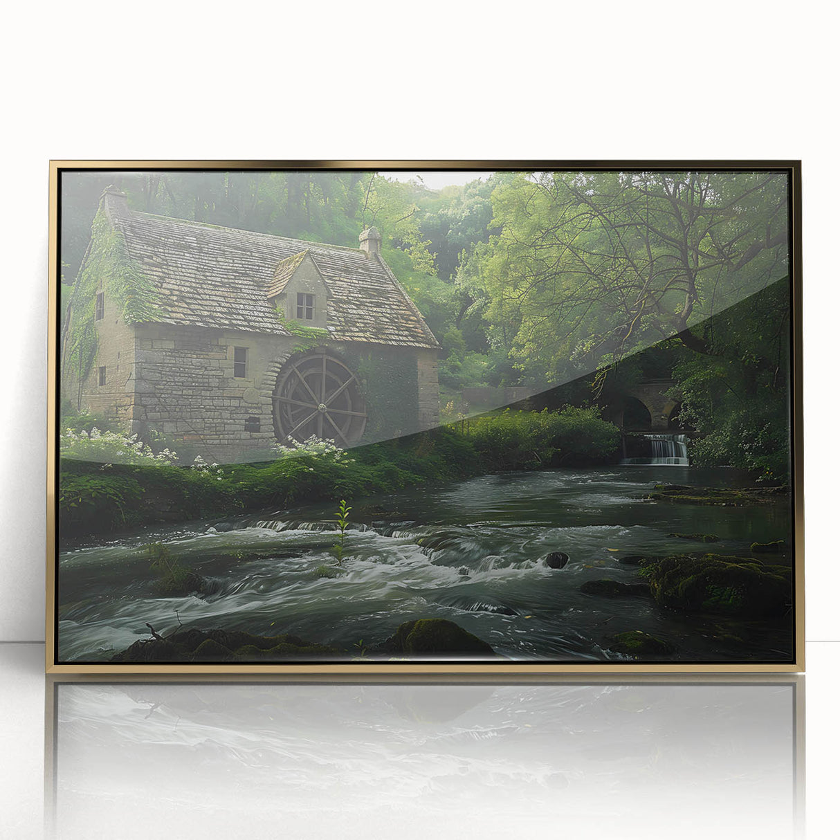 Framed acrylic wall art showcasing a serene watermill landscape design, highlighted with gold accents. Ideal for adding elegance to home decor.