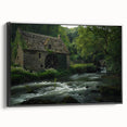 Framed canvas wall art depicting serene watermill landscapes in vibrant colors, showcased from a black side view, ideal for home decor and artistic ambiance.