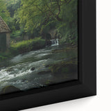 Close-up of a framed canvas artwork depicting a serene watermill landscape, showcasing rich greens and blues, perfect for enhancing home decor aesthetics.