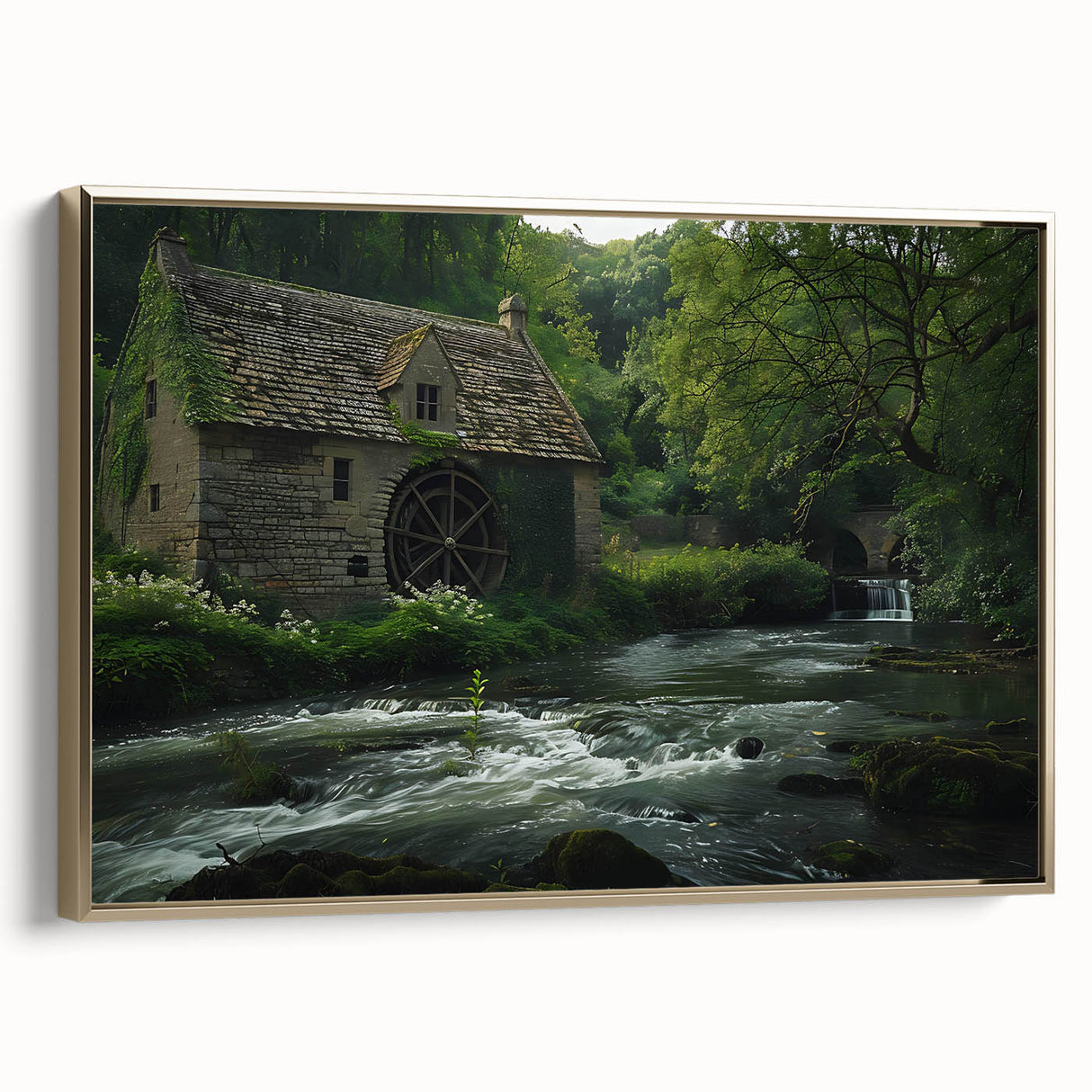 Framed canvas wall art showcasing a serene landscape with a watermill, featuring a gold frame and elegant details, perfect for enhancing home decor.
