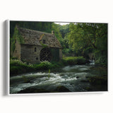 Framed canvas wall art showcasing a serene landscape of watermills, featuring soft pastel colors and a white frame, perfect for home decor.