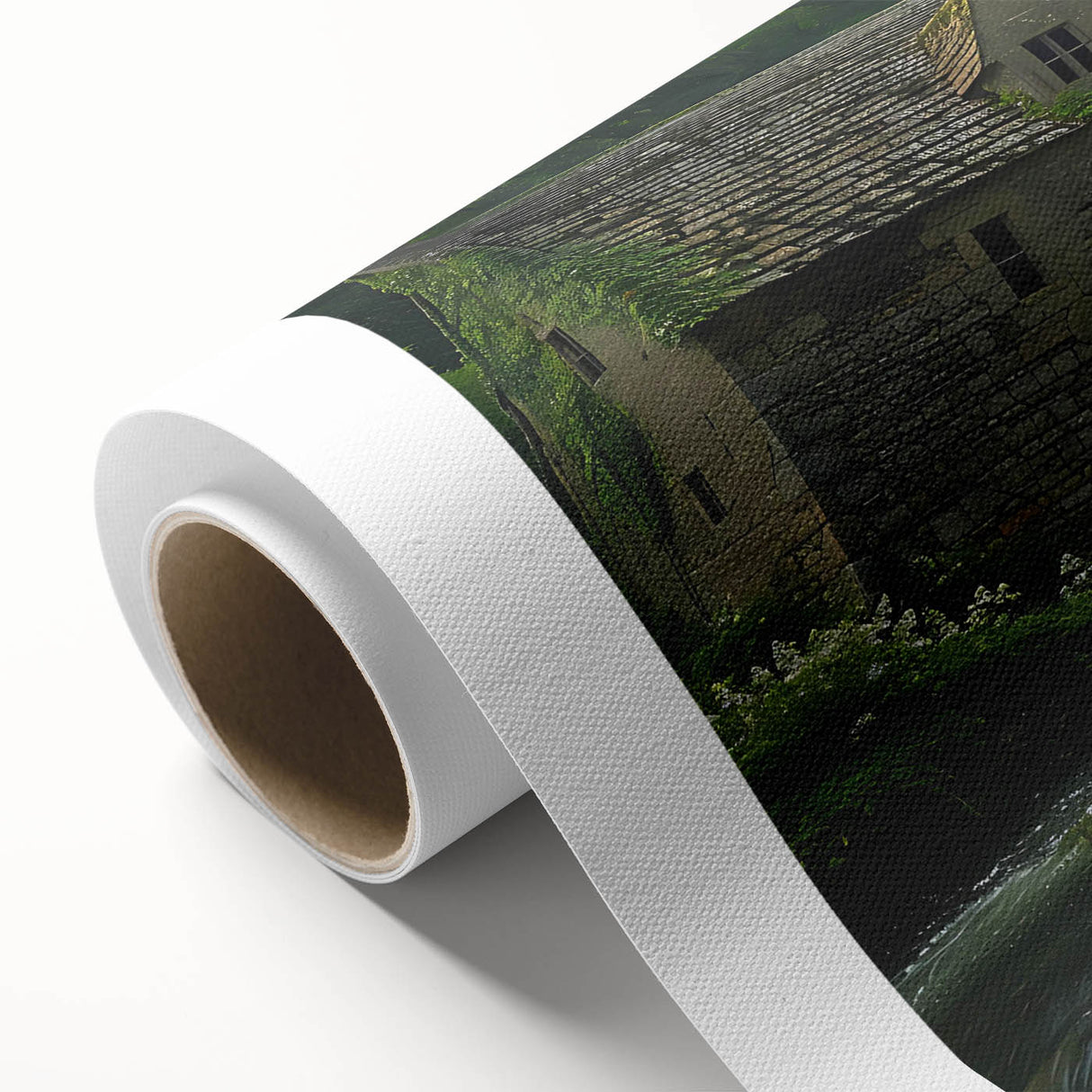 Rolled canvas wall art showcasing a serene watermill landscape design, featuring soft pastel colors and intricate details, ideal for home decor enhancement.