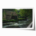 Vibrant rolled print showcasing a serene watermill landscape, characterized by soft hues of blue and green, ideal for enhancing home decor aesthetics.