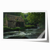 Vibrant rolled print showcasing a serene watermill landscape, characterized by soft hues of blue and green, ideal for enhancing home decor aesthetics.