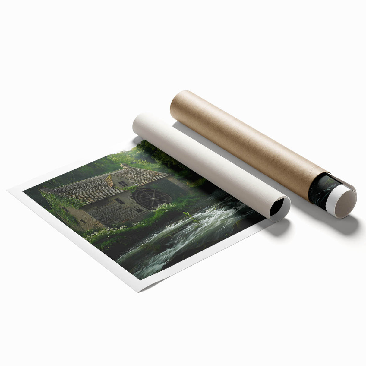 Rolled print of a serene watermill landscape, showcasing vibrant colors and intricate details, perfect for home decor enhancement. Ideal for art enthusiasts.