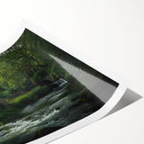 Rolled print of a serene watermill landscape artwork, showcasing vibrant greens and blues, ideal for home decor. Packaged securely for delivery.