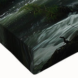 Close-up of a vibrant stretched canvas wall art piece depicting a serene watermill landscape, featuring rich greens and blues, ideal for home decor.