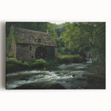 Stretched canvas wall art showcasing a serene landscape of watermills, featuring soft hues of blue and green, ideal for enhancing home decor with a tranquil vibe.