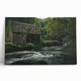 Stretched canvas wall art showcasing a serene landscape of a watermill, featuring soft pastel colors and intricate details, perfect for home decor.