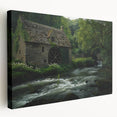 Stretched canvas wall art showcasing a picturesque watermill landscape, featuring vibrant colors and intricate details, perfect for home decor enhancement.